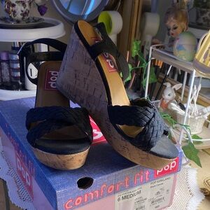 pop Black Braided Strap Cork-Style Platform Wedge Sandals